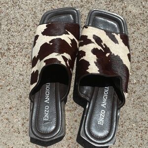 Enzo Angiolini Cow Print Hair-calf Genuine Leather Block Heel Mules